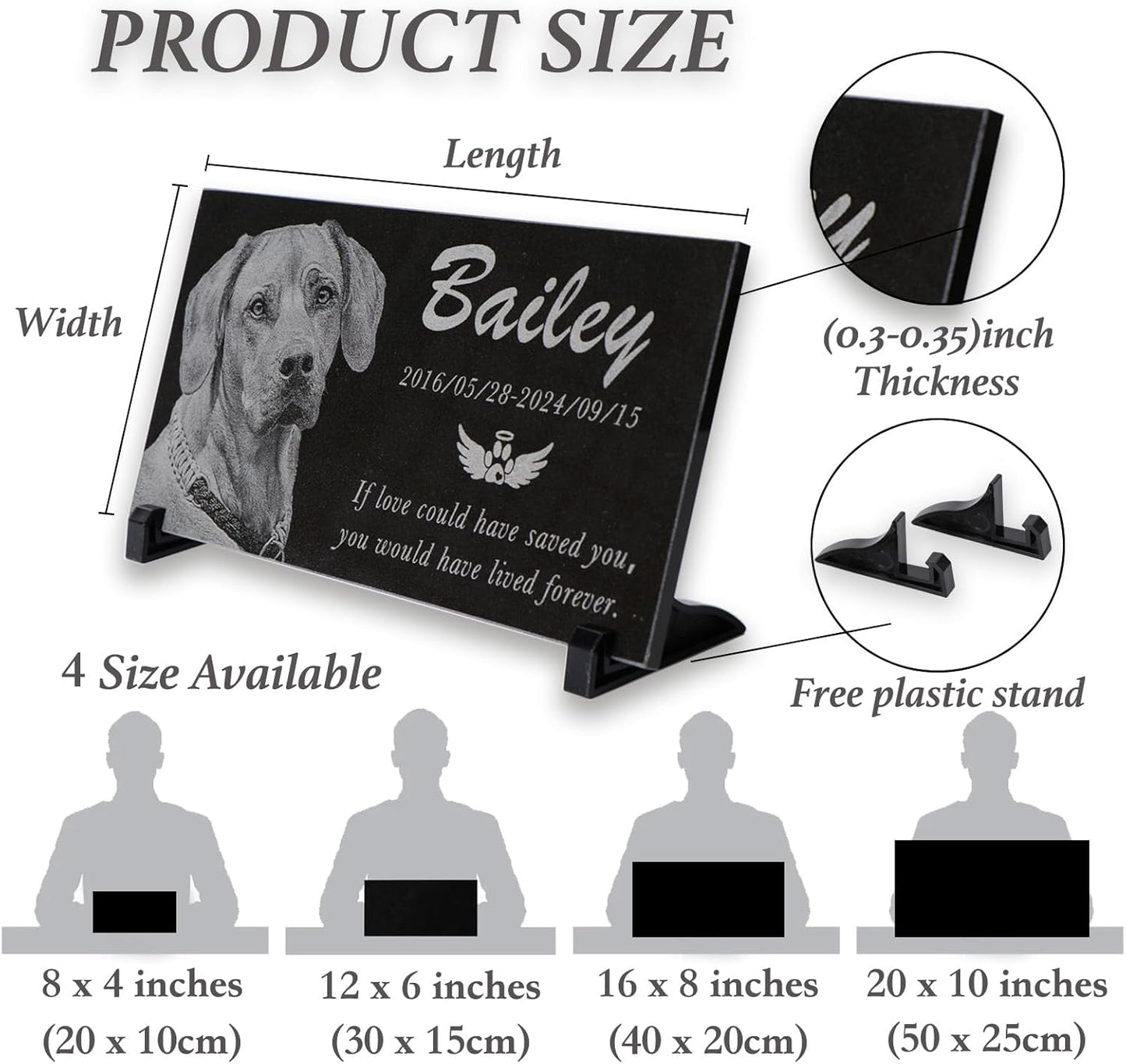 Personalized black granite pet memorial stone, Garden plaque engraved with photo for dogs. Customized headstone for cemetery decoration, dog memorial gifts for loss of dog ,cats, and family pets