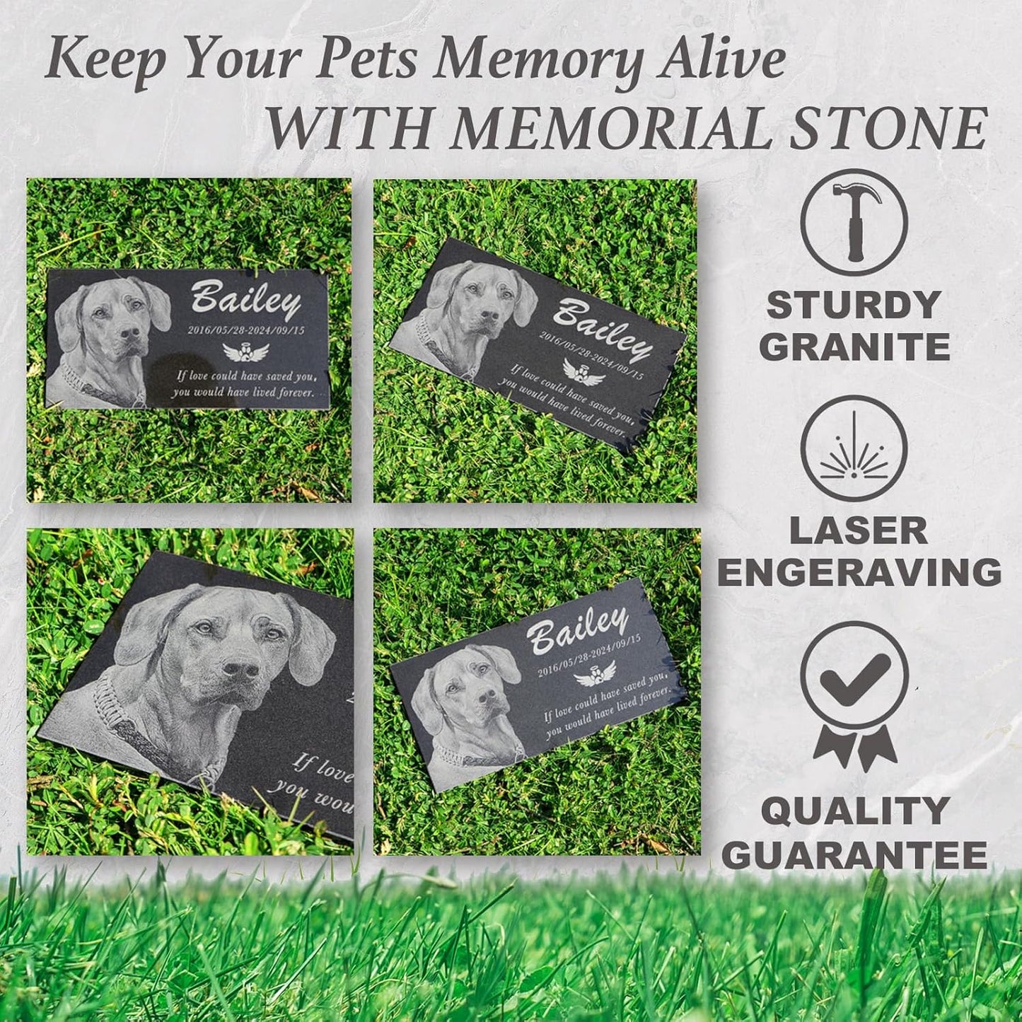 Personalized black granite pet memorial stone, Garden plaque engraved with photo for dogs. Customized headstone for cemetery decoration, dog memorial gifts for loss of dog ,cats, and family pets