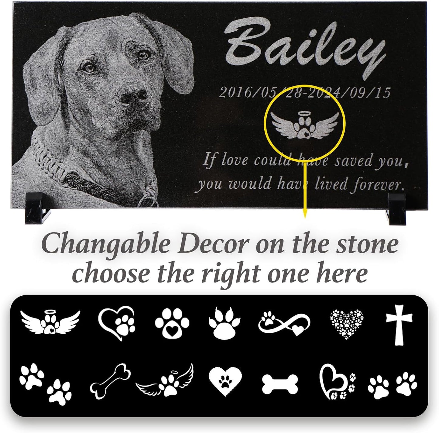 Personalized black granite pet memorial stone, Garden plaque engraved with photo for dogs. Customized headstone for cemetery decoration, dog memorial gifts for loss of dog ,cats, and family pets