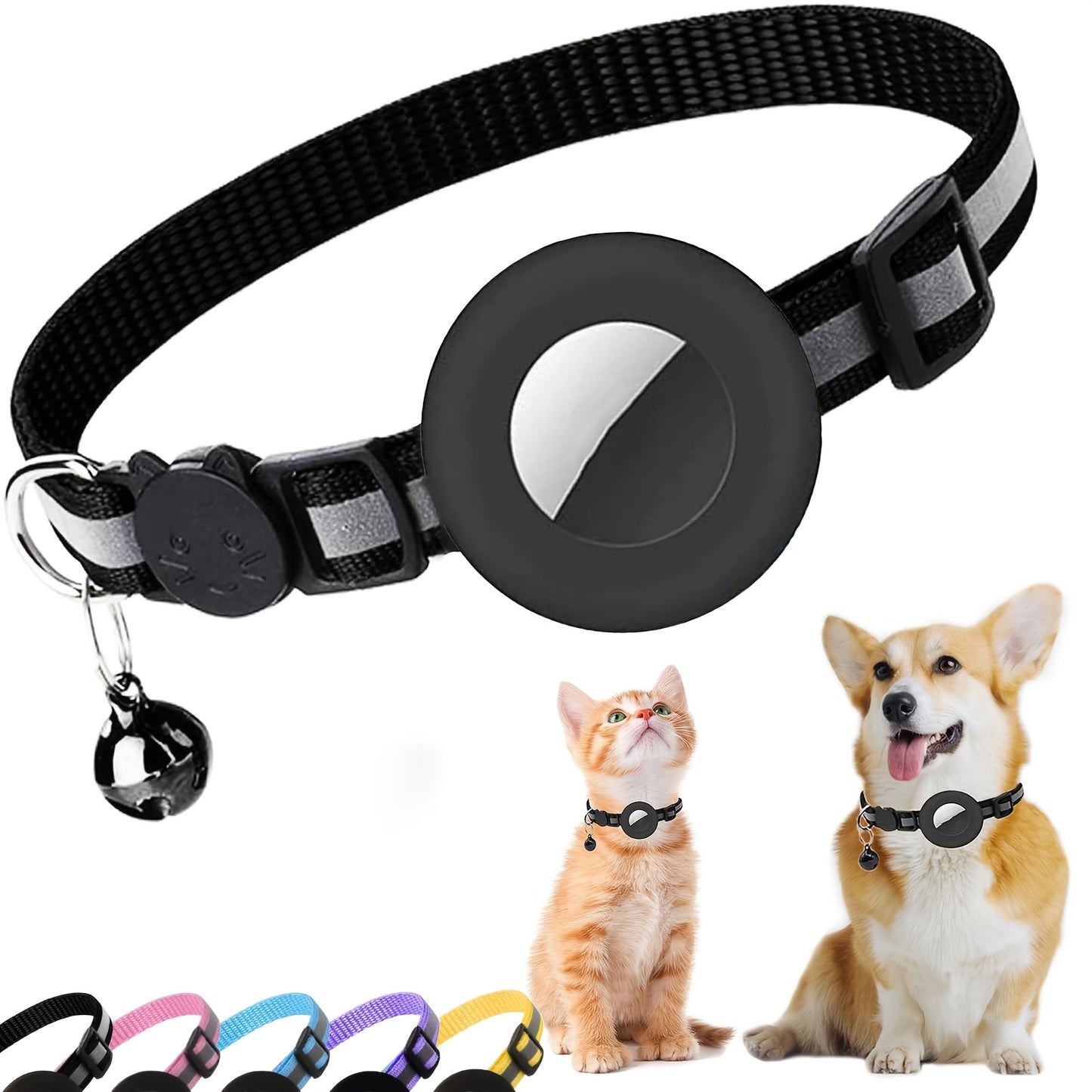 Reflective Breakaway Safety Buckle Cat Collar with Bell - Adjustable 8.66-13.78 Inch Lightweight Nylon GPS Tracker Holder for Cats, Kittens, Small Dogs (Black), Reflective Pet Collar | Sleek Black Collar | Durable Nylon Collar