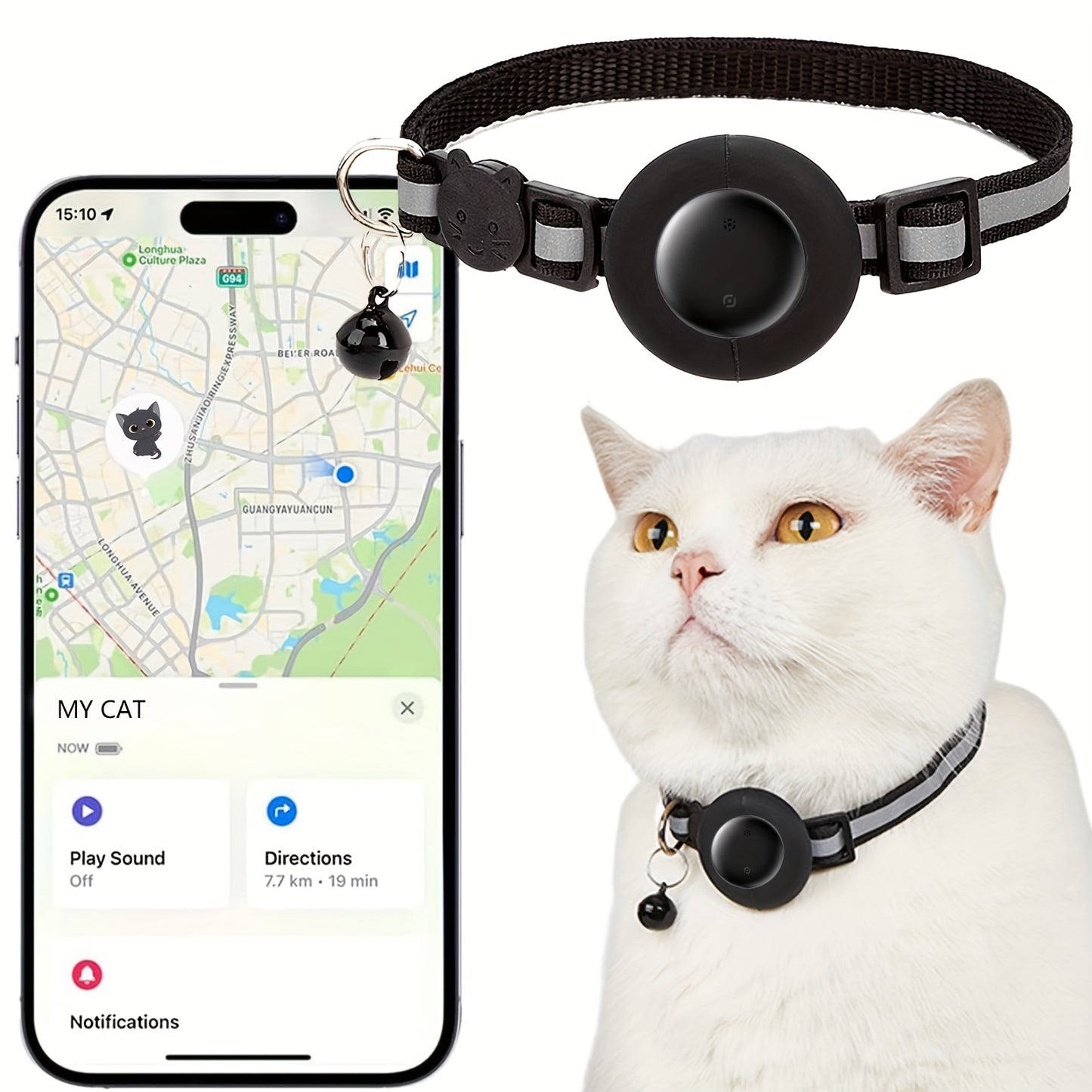 Reflective Breakaway Safety Buckle Cat Collar with Bell - Adjustable 8.66-13.78 Inch Lightweight Nylon GPS Tracker Holder for Cats, Kittens, Small Dogs (Black), Reflective Pet Collar | Sleek Black Collar | Durable Nylon Collar