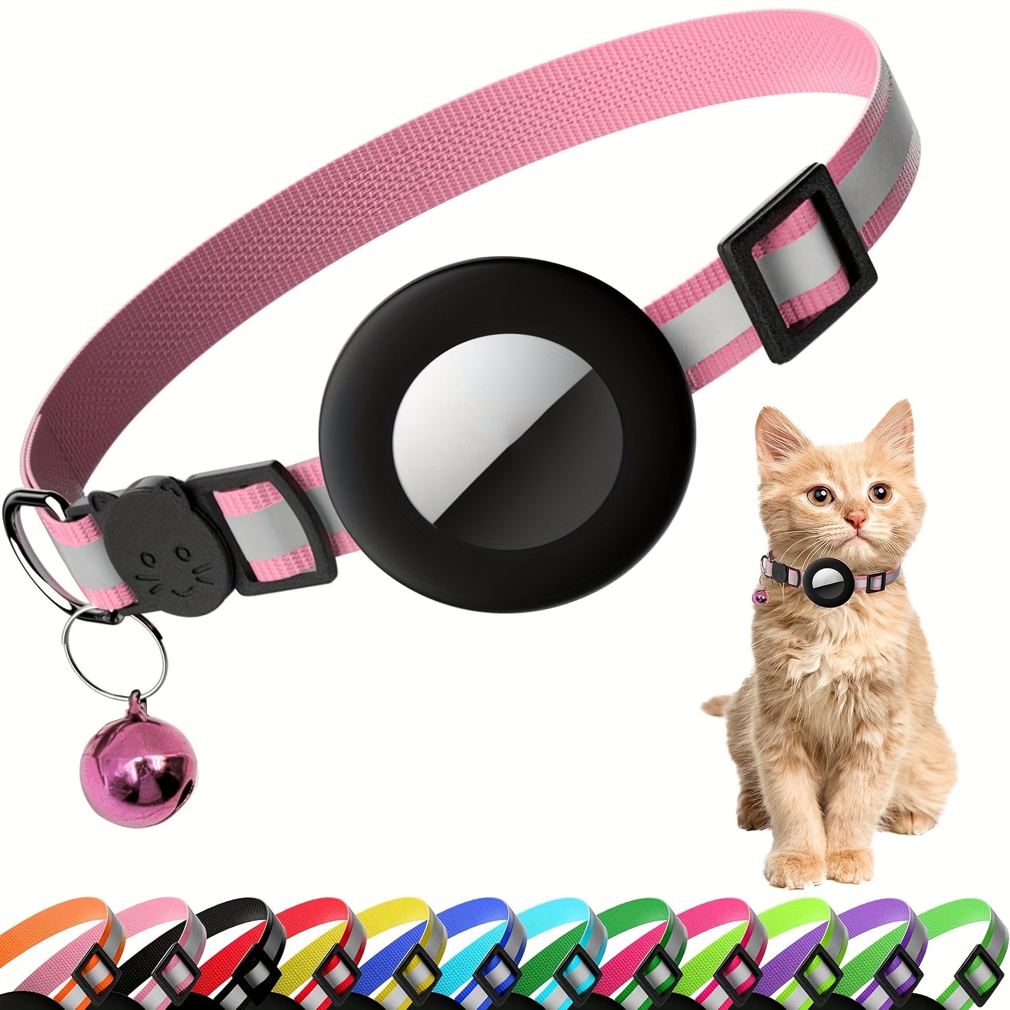 Reflective Breakaway Safety Buckle Cat Collar with Bell - Adjustable 8.66-13.78 Inch Lightweight Nylon GPS Tracker Holder for Cats, Kittens, Small Dogs (Black), Reflective Pet Collar | Sleek Black Collar | Durable Nylon Collar