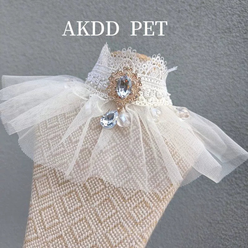 Hand-made cat/dog retro fairy princess scarf, mesh rhinestone saliva towel, scarf jewelry