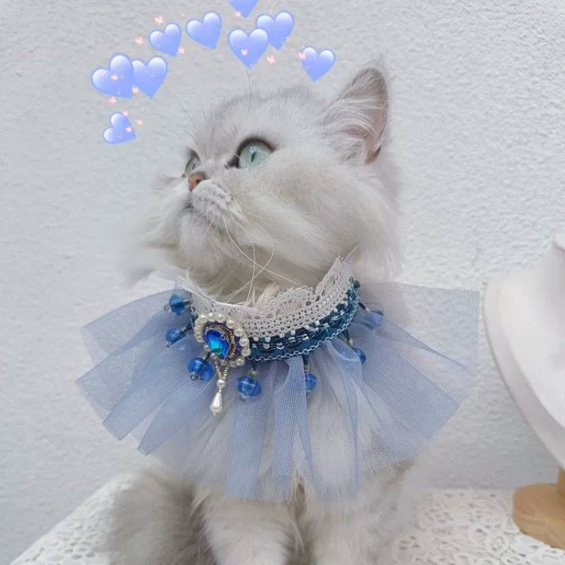 Hand-made cat/dog retro fairy princess scarf, mesh rhinestone saliva towel, scarf jewelry
