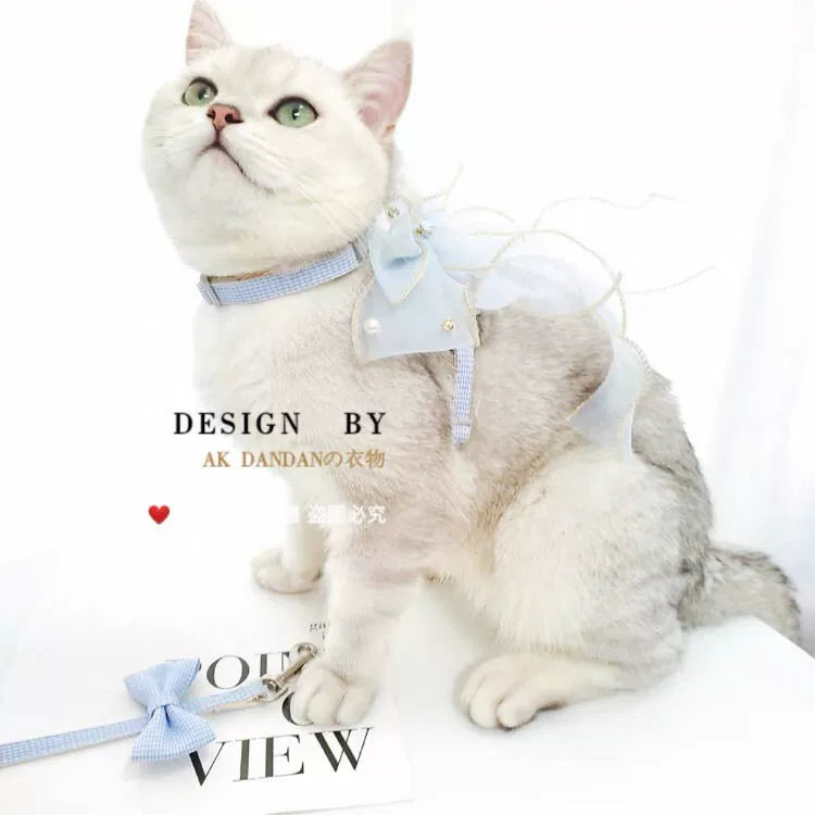Hand-made romantic leash, bow out cat/dog breathable pet dog chain clothes