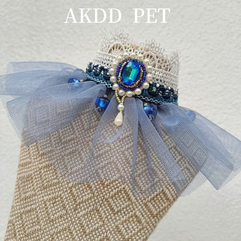 Hand-made cat/dog retro fairy princess scarf, mesh rhinestone saliva towel, scarf jewelry