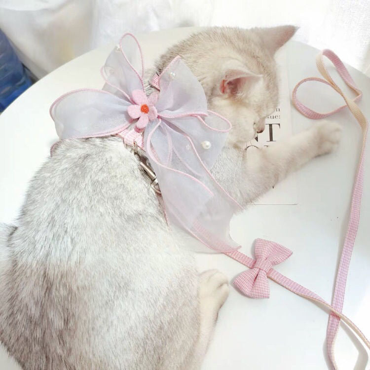 Hand-made romantic leash, bow out cat/dog breathable pet dog chain clothes