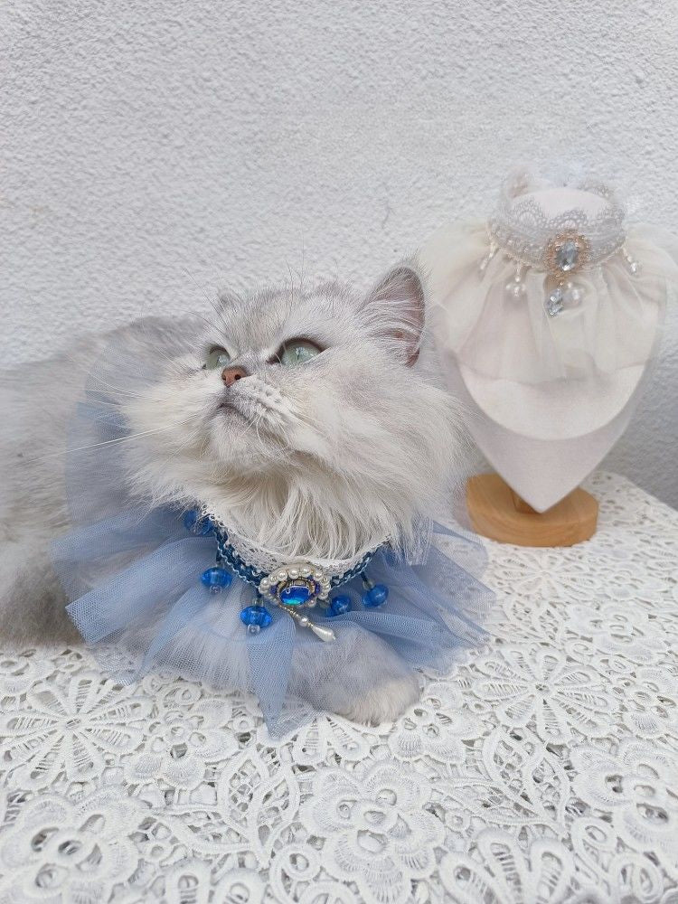 Hand-made cat/dog retro fairy princess scarf, mesh rhinestone saliva towel, scarf jewelry