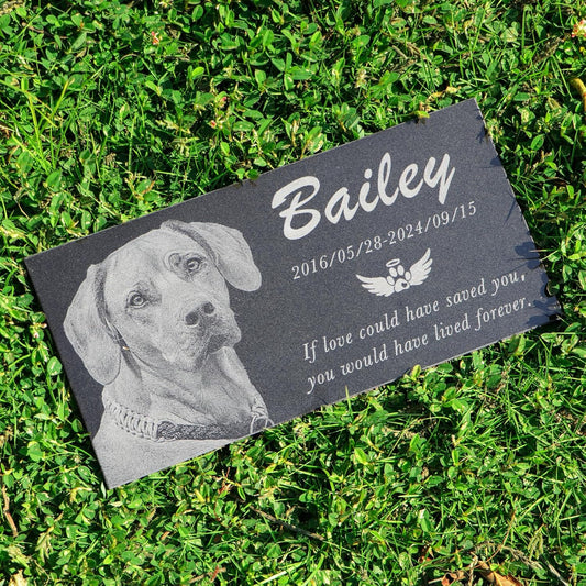 Personalized black granite pet memorial stone, Garden plaque engraved with photo for dogs. Customized headstone for cemetery decoration, dog memorial gifts for loss of dog ,cats, and family pets